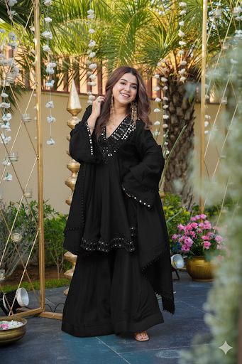AliyaCut Kediya Style Mirror Work Palazzo Set | Chinon Fabric | Festive & Wedding Wear Suit Set (1215-BLACK)