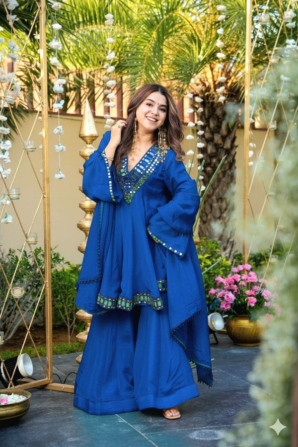 AliyaCut Kediya Style Mirror Work Palazzo Set | Chinon Fabric | Festive & Wedding Wear Suit Set (MORE PEACH)