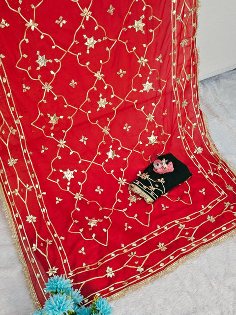 ✨Original Hand Kachhi Gotta Work Heavy Saree In Soft C C Georgette With Sequence Lace Border – (1218)