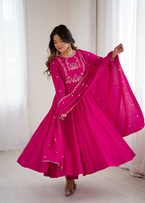 Pure Roman Chanderi Silk Anarkali Set for Women – Ready to Wear Wedding & Party Wear