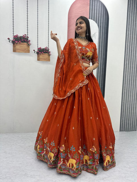 Festival Lehenga Choli Set for Women – Heavy Embroidery Designer Wear ( RUST)
