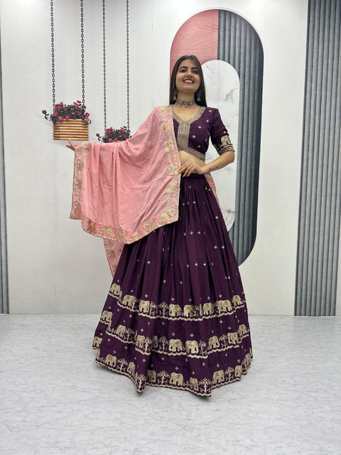 Chinon Lehenga Choli Set for Women – Festival & Party Wear (WINE)
