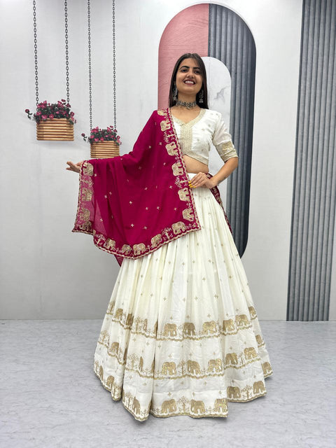 Chinon Lehenga Choli Set for Women – Festival & Party Wear (WHITE)