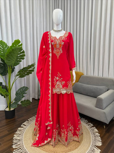 Designer Faux Georgette Sharara Set for Women – Thread & Sequence Work Festive Wear(RED)