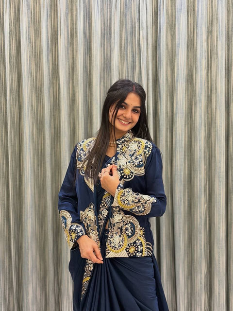 Designer Wear Lehenga Saree With Long Blouse And Heavy Embroidery Work