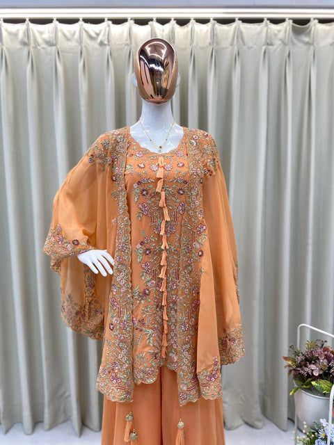 ✨Designer Wear Kurta Plazzo Pair With Shrug In Sequence Embroidery Work✨ (BEIGE)