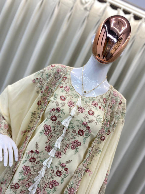 ✨Designer Wear Kurta Plazzo Pair With Shrug In Sequence Embroidery Work✨ (OFF WHITE)