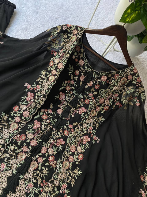 ✨Designer Wear Kurta Plazzo Pair With Shrug In Sequence Embroidery Work✨ (BLACK)