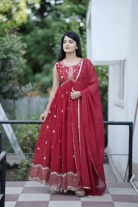 Heavy Faux Georgette Embroidery Gown With Sequence Work And Dupatta (MAROON)