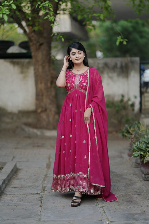 Heavy Faux Georgette Embroidery Gown With Sequence Work And Dupatta (PINK)