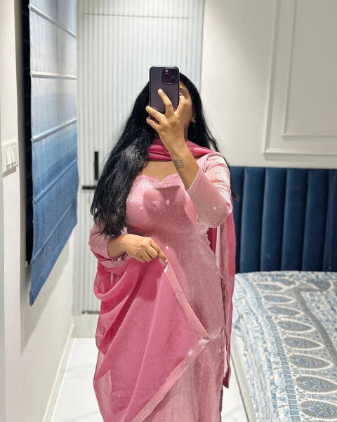 Designer Suit And Pent Set With Hot Fix Work And Dupatta