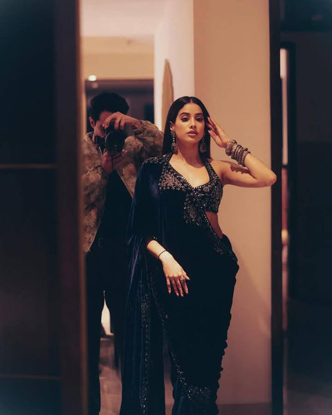 Celebrity Inspired Premium Velvet Saree With Embroidery Work