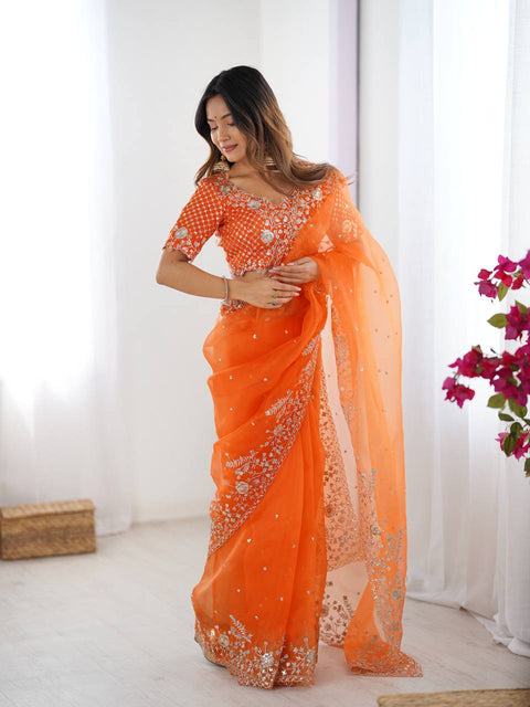 Heavy Organza Silk Saree With Thread And Sequin Embroidery