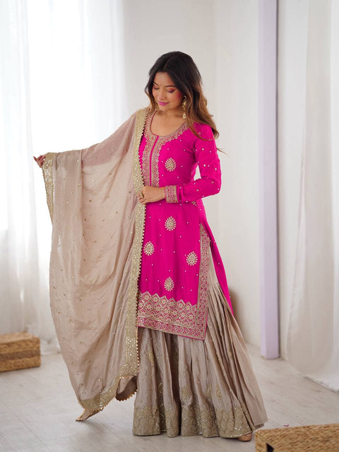 Chinon Silk Sharara Set With Coding Sequence And Pearl Work