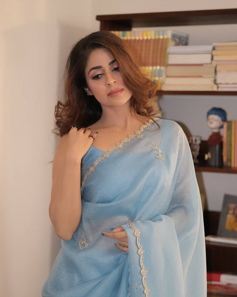✨Exclusive Designer Saree In Pixcel Crush With Katdana & Diamond Handwork ✨