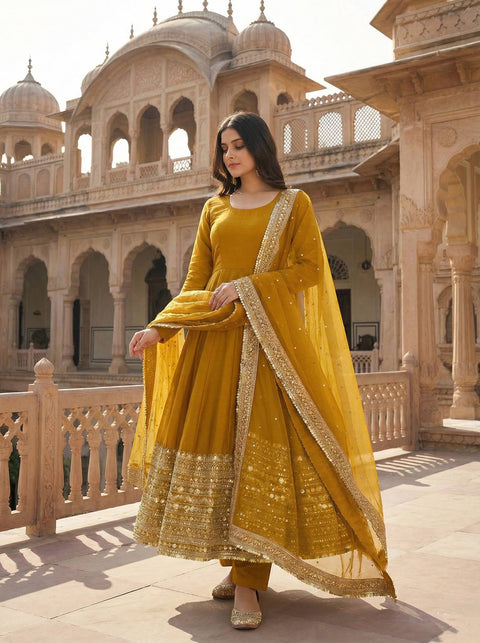 Premium Designer Anarkali Gown With Bottom & Dupatta In Roman Silk With Coding Sequence (YELLOW)