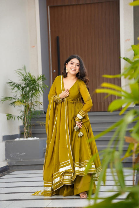 ✨Premium Hand Gotta Work Anarkali Plazzo Set With Dupatta In Faux Georgette – (1221)