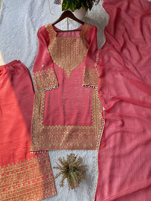 Designer Crunchy Fabric Top Palazzo Dupatta Set with Cording Sequins Embroidery |(PCH)