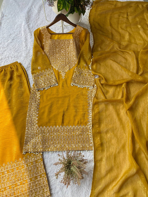 Designer Crunchy Fabric Top Palazzo Dupatta Set with Cording Sequins Embroidery (MUSTARD)