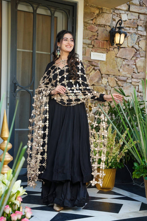 Roman Silk 3 Piece Mirror Work  Set for Women – Party & Festive Wear (1222-BLK)