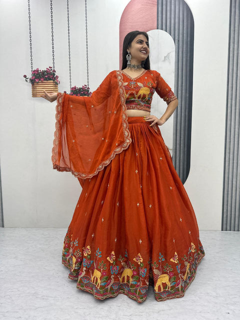 Festival Lehenga Choli Set for Women – Heavy Embroidery Designer Wear ( RUST)