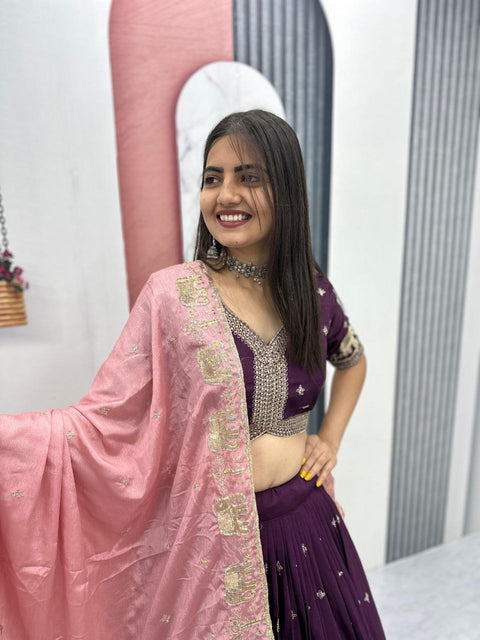 Chinon Lehenga Choli Set for Women – Festival & Party Wear (WINE)