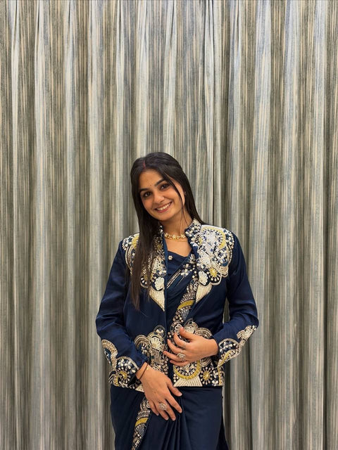 Designer Wear Lehenga Saree With Long Blouse And Heavy Embroidery Work