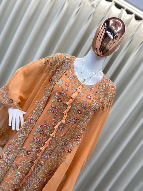 ✨Designer Wear Kurta Plazzo Pair With Shrug In Sequence Embroidery Work✨ (BEIGE)