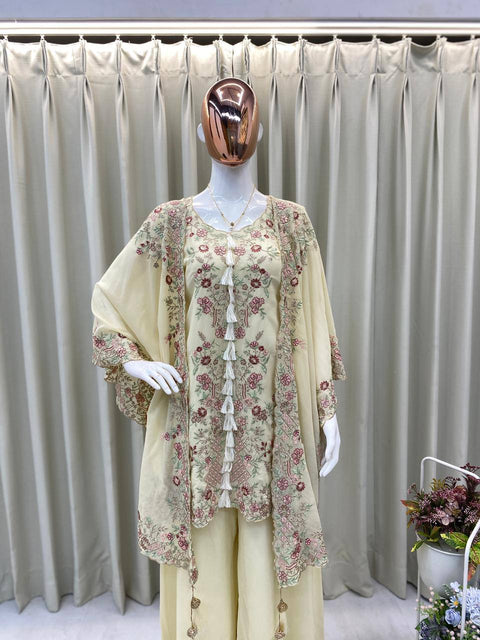 ✨Designer Wear Kurta Plazzo Pair With Shrug In Sequence Embroidery Work✨ (OFF WHITE)