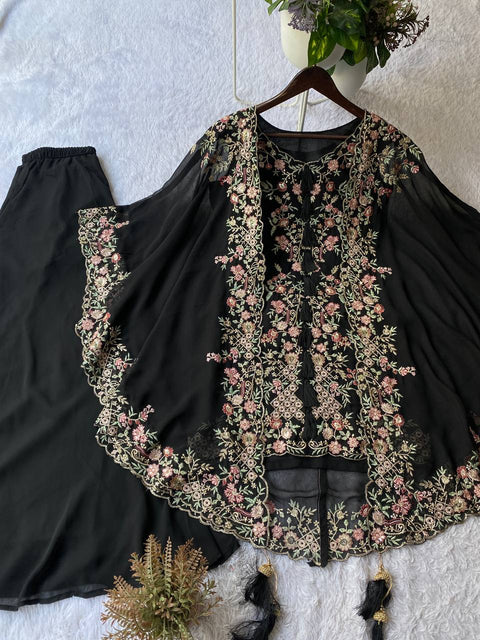 ✨Designer Wear Kurta Plazzo Pair With Shrug In Sequence Embroidery Work✨ (BLACK)
