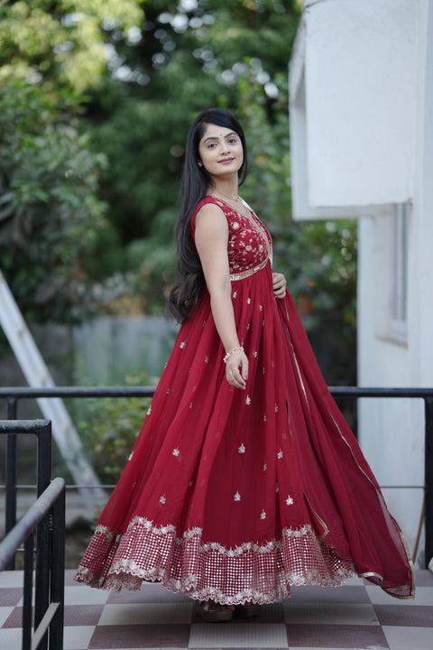 Heavy Faux Georgette Embroidery Gown With Sequence Work And Dupatta (MAROON)