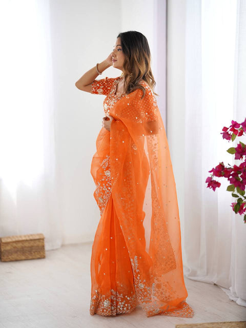 Heavy Organza Silk Saree With Thread And Sequin Embroidery