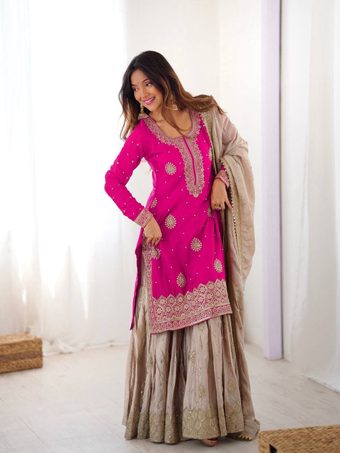 Chinon Silk Sharara Set With Coding Sequence And Pearl Work
