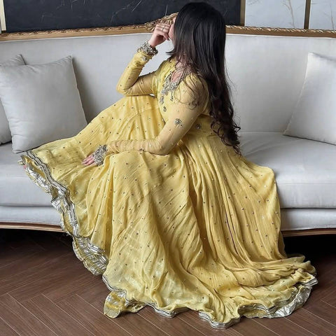 Designer Anarkali Gown In Premium Faux Georgette With Sequins & Zari Work –