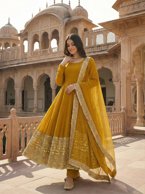 Premium Designer Anarkali Gown With Bottom & Dupatta In Roman Silk With Coding Sequence (YELLOW)