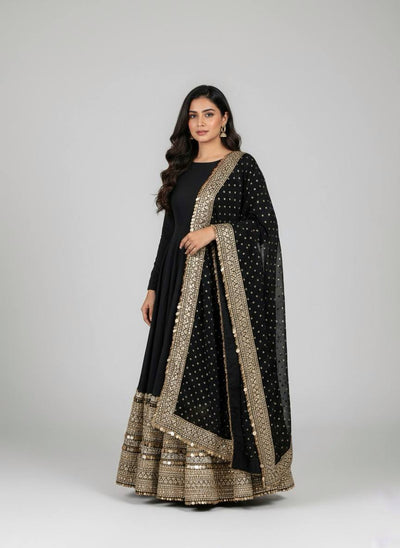 Premium Designer Anarkali Gown With Bottom & Dupatta In Roman Silk With Coding Sequence (BLACK)