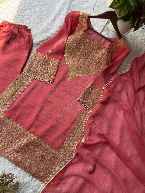 Designer Crunchy Fabric Top Palazzo Dupatta Set with Cording Sequins Embroidery |(PCH)