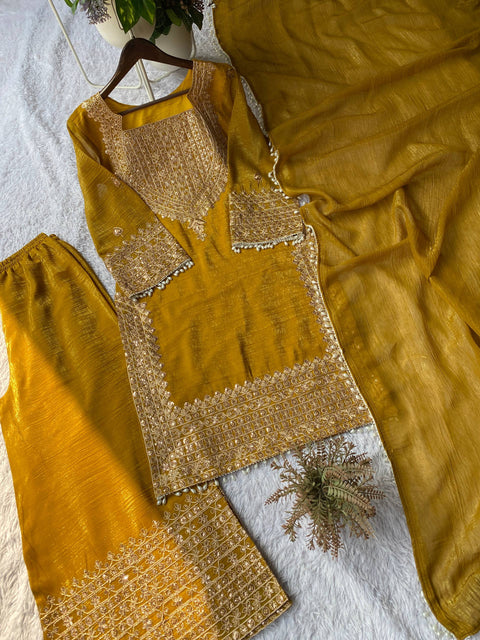 Designer Crunchy Fabric Top Palazzo Dupatta Set with Cording Sequins Embroidery (MUSTARD)