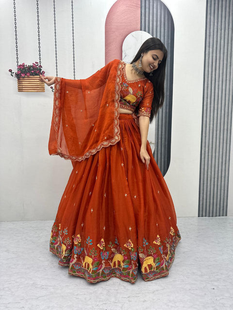 Festival Lehenga Choli Set for Women – Heavy Embroidery Designer Wear ( RUST)