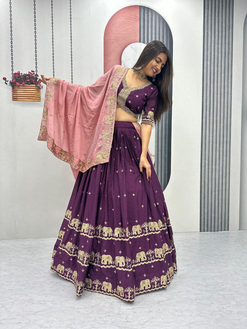 Chinon Lehenga Choli Set for Women – Festival & Party Wear (WINE)