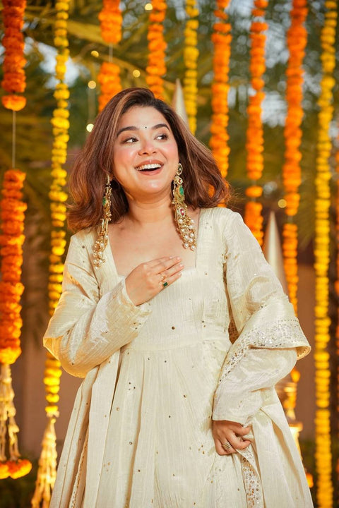 Designer Chinnon Silk Plazzo Gown Set for Women –  Festive Wear
