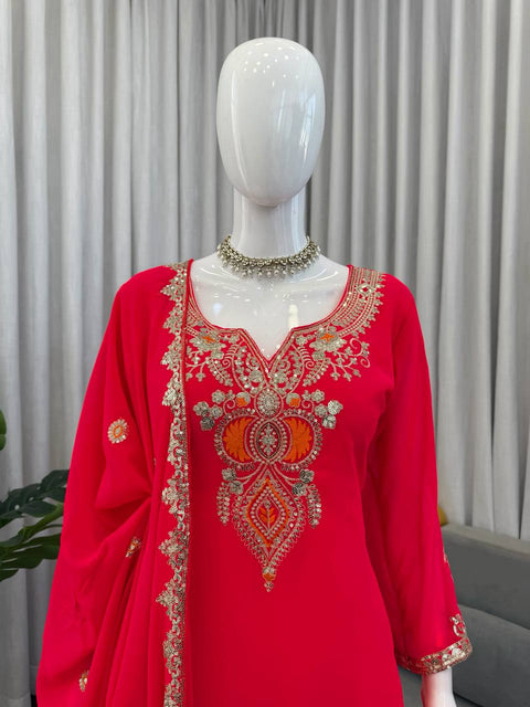 Designer Faux Georgette Sharara Set for Women – Thread & Sequence Work Festive Wear(RED)