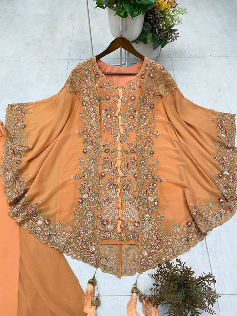 ✨Designer Wear Kurta Plazzo Pair With Shrug In Sequence Embroidery Work✨ (BEIGE)