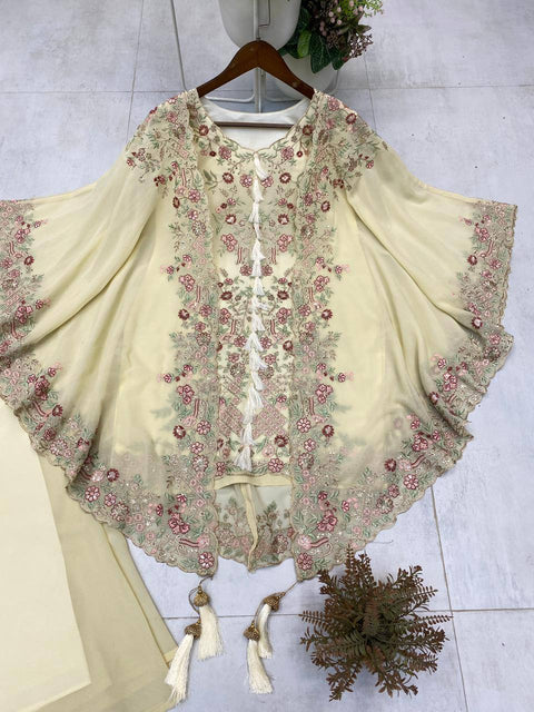 ✨Designer Wear Kurta Plazzo Pair With Shrug In Sequence Embroidery Work✨ (OFF WHITE)