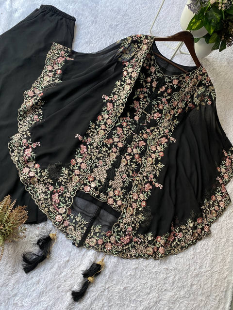 ✨Designer Wear Kurta Plazzo Pair With Shrug In Sequence Embroidery Work✨ (BLACK)