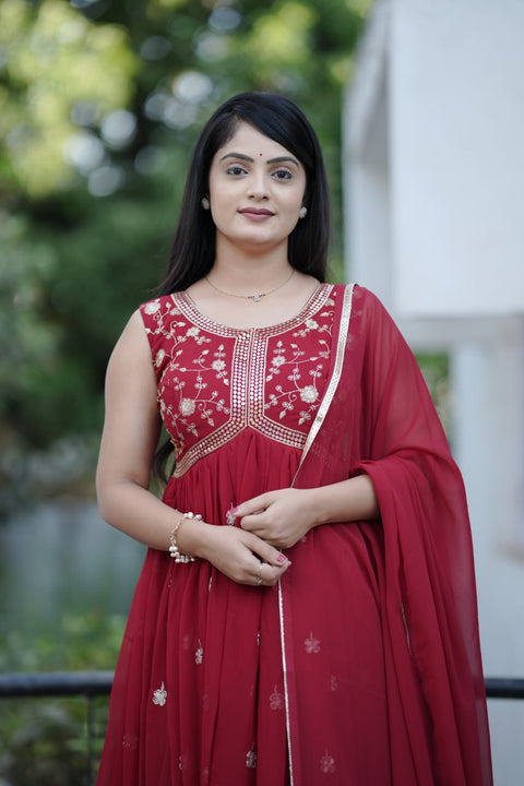 Heavy Faux Georgette Embroidery Gown With Sequence Work And Dupatta (MAROON)