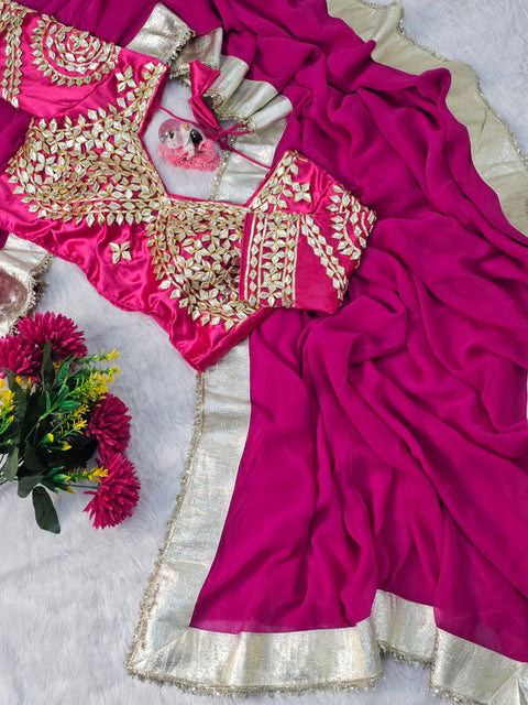 Original Hand Charkhi Gotta Patti Work Aangi Blouse Saree With Heavy Sequence Border (1219)