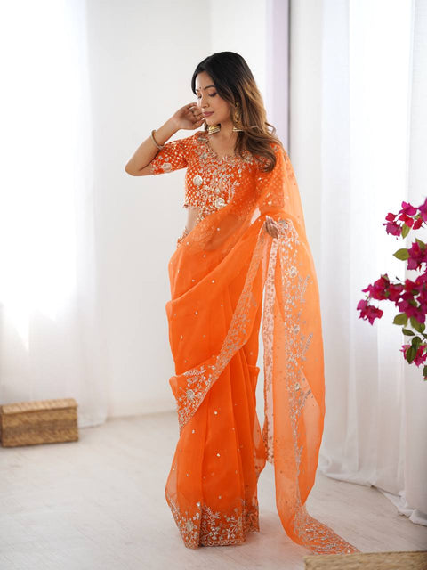 Heavy Organza Silk Saree With Thread And Sequin Embroidery