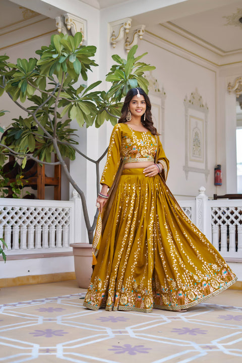 💗 Wedding Lehenga Choli With Heavy Embroidery Sequence Work – 💗( YELLOW )