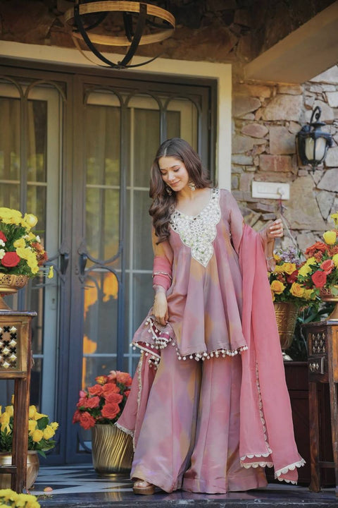 ✨Designer Plazoo With Top Set In Heavy Cosmos Silk And Real Mirror Work ✨